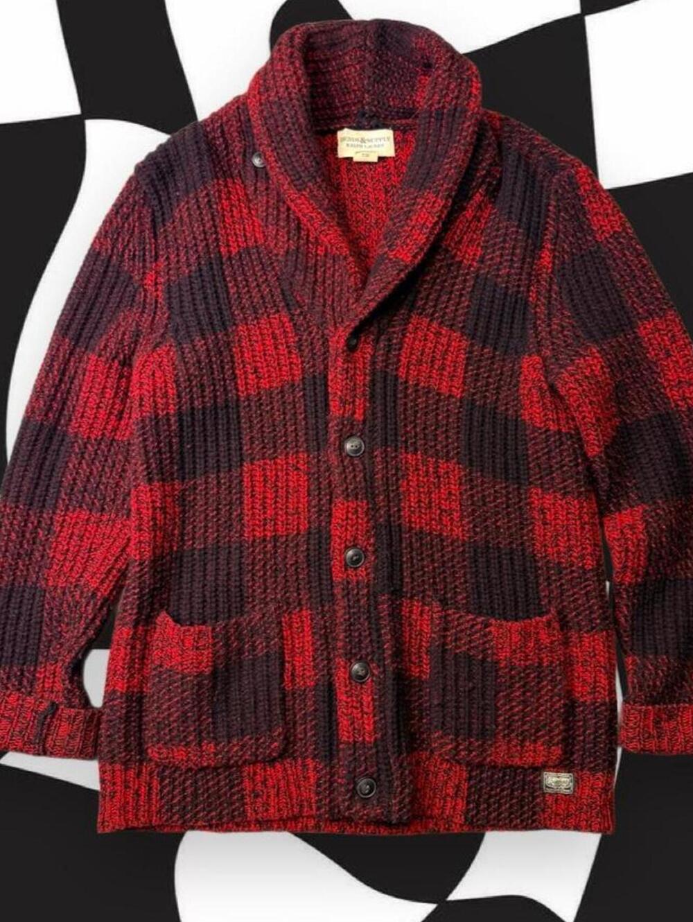 Vintage Ralph Lauren Denim & Supply Red & Black Checkered Wool Cardigan Sweater